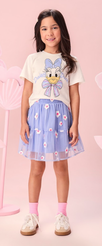 Conjunto Infantil Blusa Daisy Duck Com Strass Pérola e Saia Tule Bordado Flores Lilás - Momi