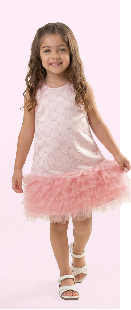 Vestido infantil Acetinado Monograma com Babados - Luluzinha