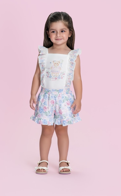 Conjunto Infantil Blusa Ursinha Babadinhos e Shorts Estampa Florais - Petit Cherie