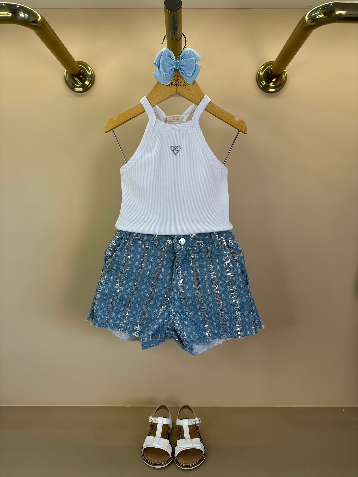 Conjunto Infantil Regata e Shorts Jeans com Paetês - Petit Cherie
