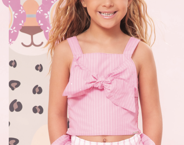 Blusa Cropped Infantil Rosa Listrada com Amarração de Laço e Strass - Pituchinhus