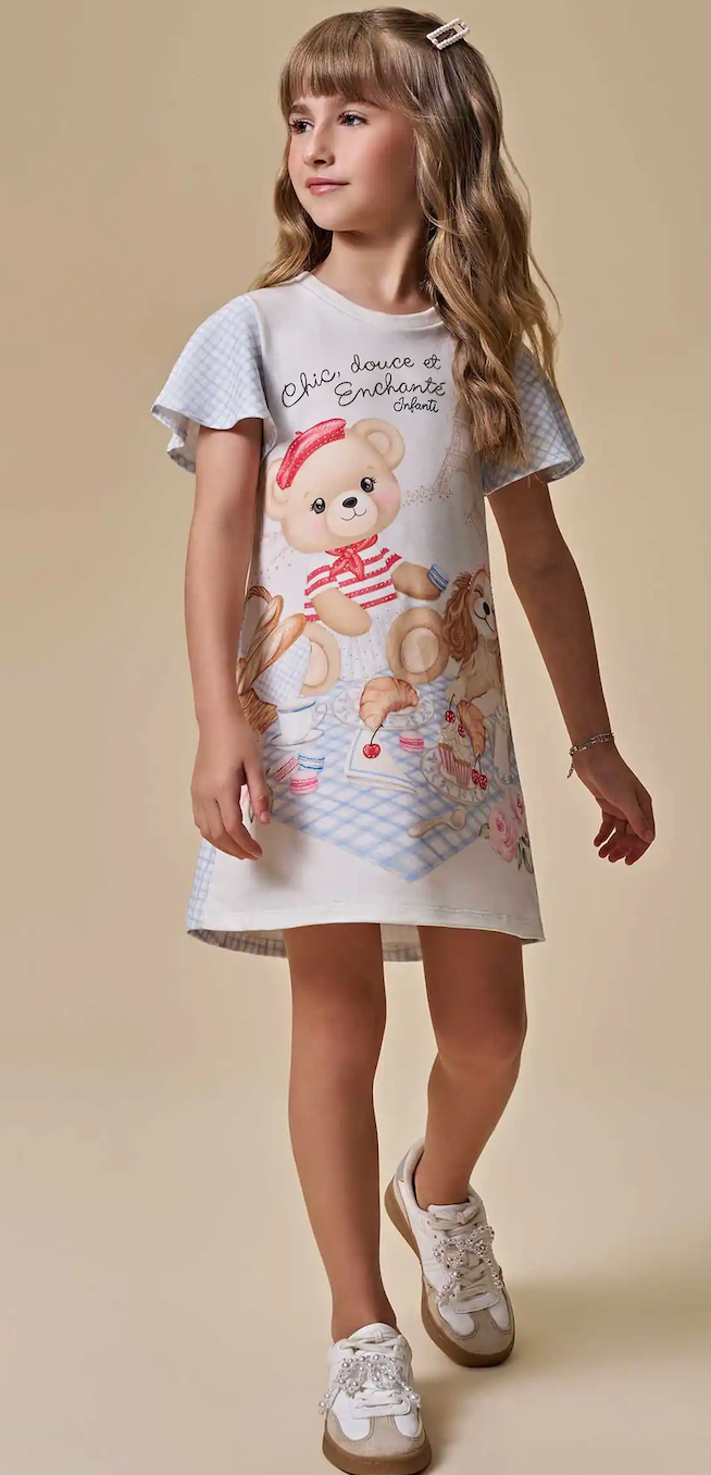 Vestido Infantil Molecotton Ursinho e Mangas Xadrez - Infanti