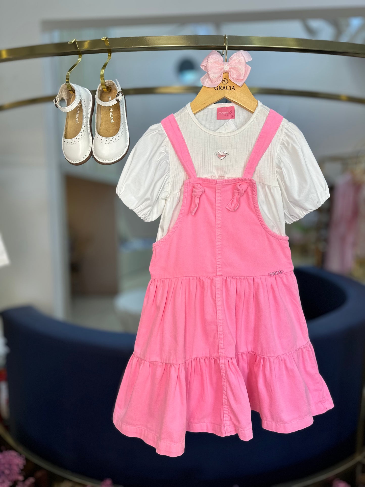 Salopete Infantil Sarja Rosa Fluor - Momi