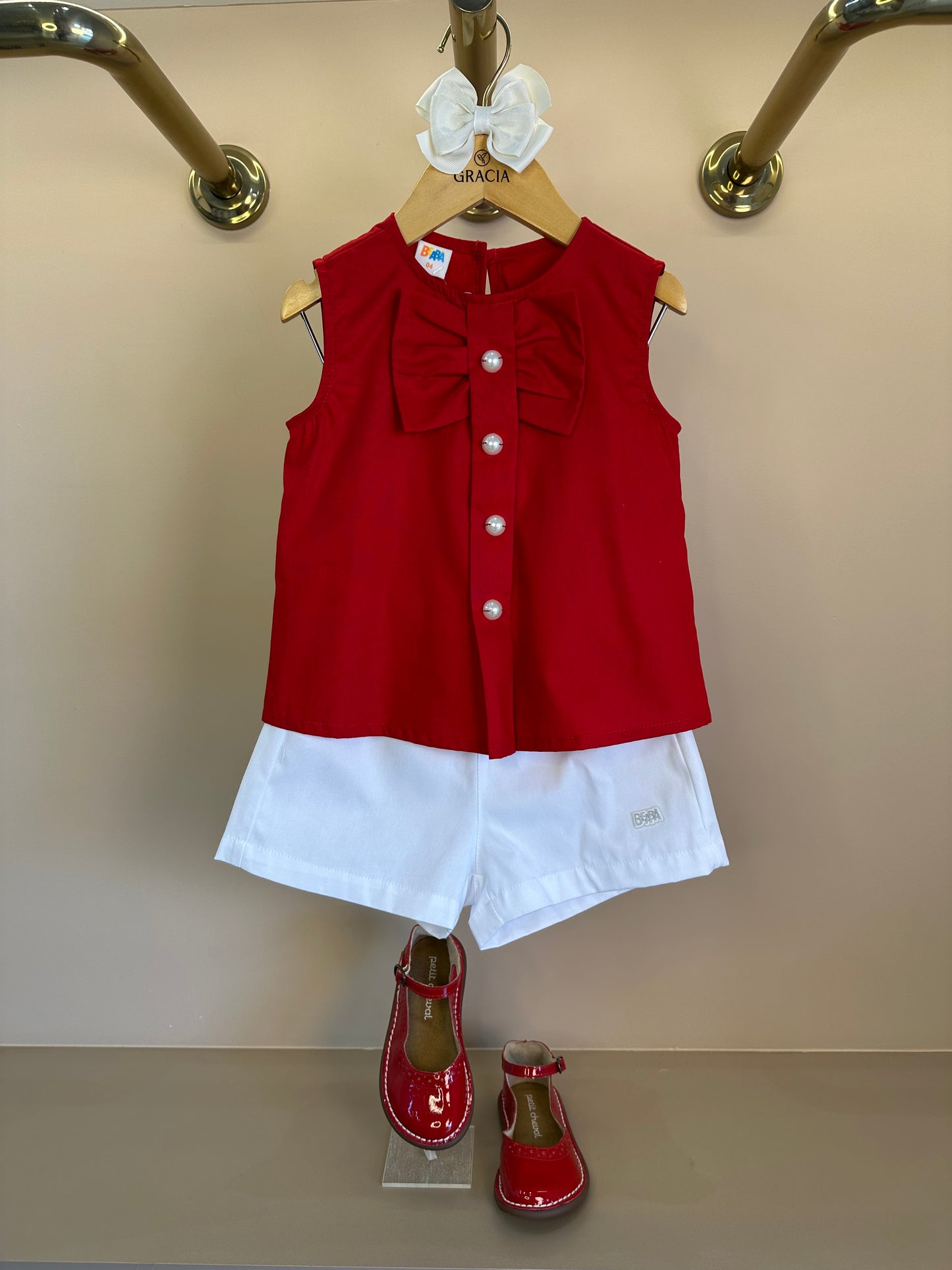 Conjunto Infantil Bata Algodão Laço Vermelha e Shorts Branco - Beabá