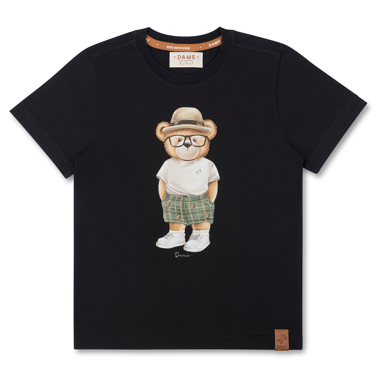 Conjunto Infantil Camiseta Teddy Chapéu Panamá Preta e Bermuda Moletom Listra Bege - Dame