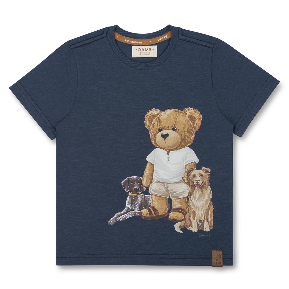 Conjunto Infantil Camiseta Teddy Cachorros Marinho e Bermuda Moletom Listra Bege - Dame