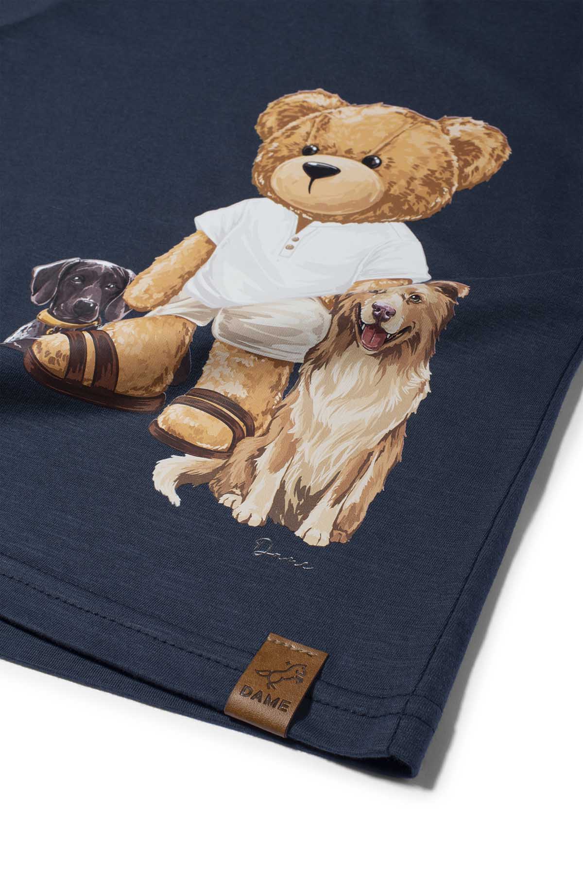 Conjunto Infantil Camiseta Teddy Cachorros Marinho e Bermuda Moletom Listra Bege - Dame