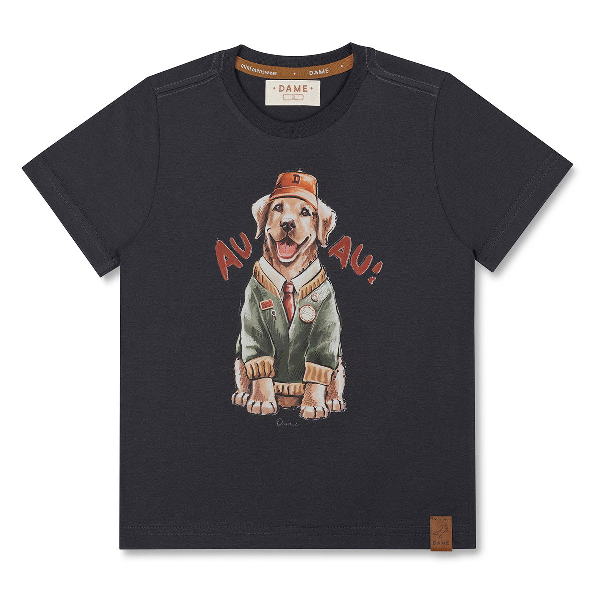 Conjunto Infantil Camiseta Cachorro Golden Grafite e Bermuda Linho Elastano Bege - Dame