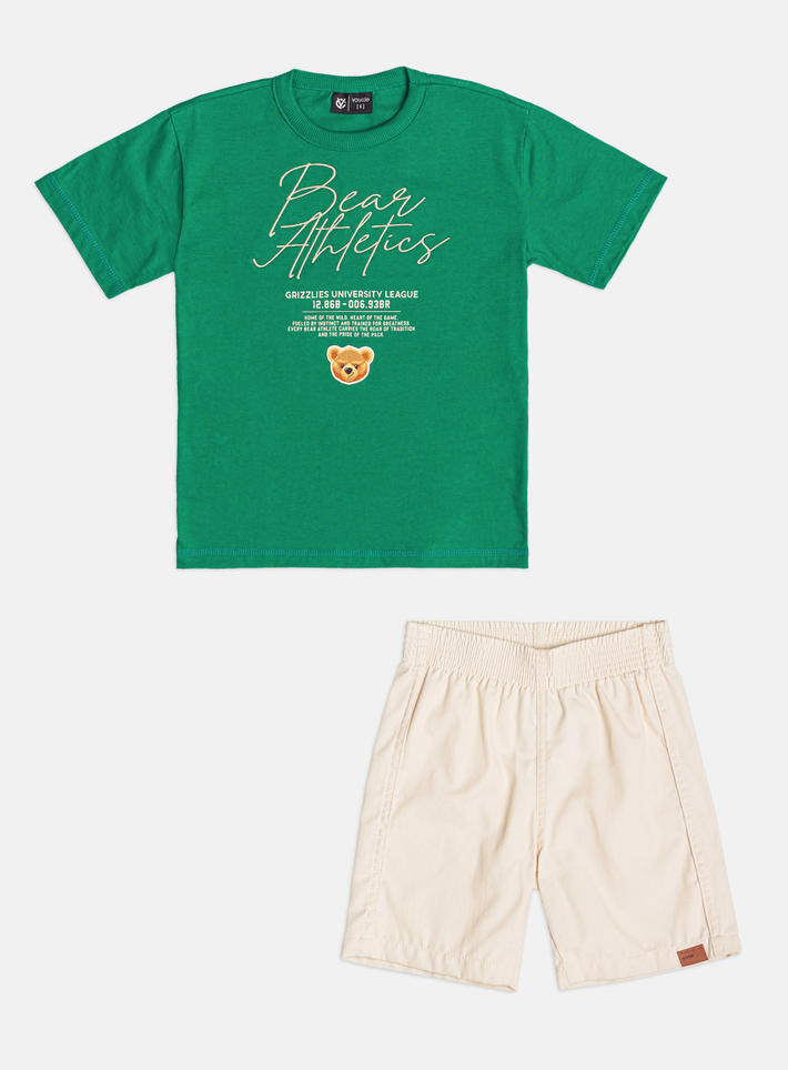 Conjunto Infantil Camisa Verde Bear Athletics Bermuda Off White - Youccie