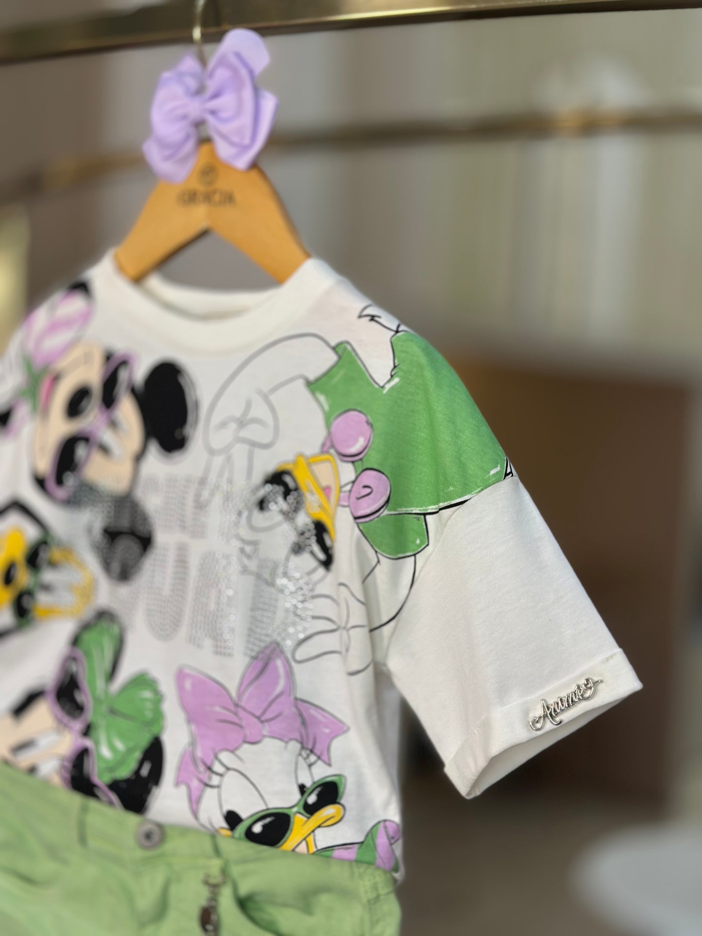 Conjunto Infantil Blusa Mickey & Minnie Shorts Sarja Pistache Disney - Animê