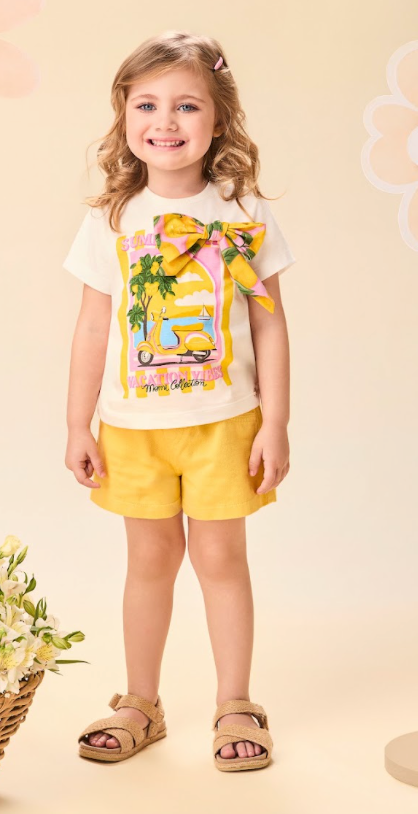 Conjunto Infantil Blusa Estampada Laço Lateral e Shorts Infantil Sarja Com Cinto Butter Cream - Momi