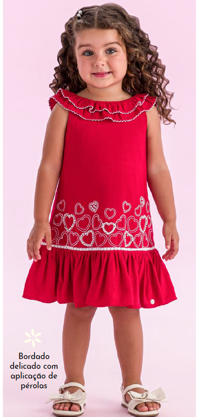 Vestido Infantil Trapézio Linho Vermelho Bordado Branco - Petit Cherie