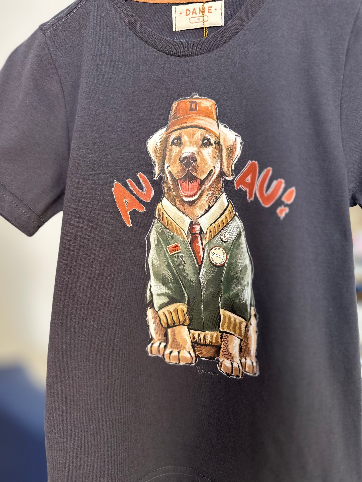 Conjunto Infantil Camiseta Cachorro Golden Grafite e Bermuda Linho Elastano Bege - Dame