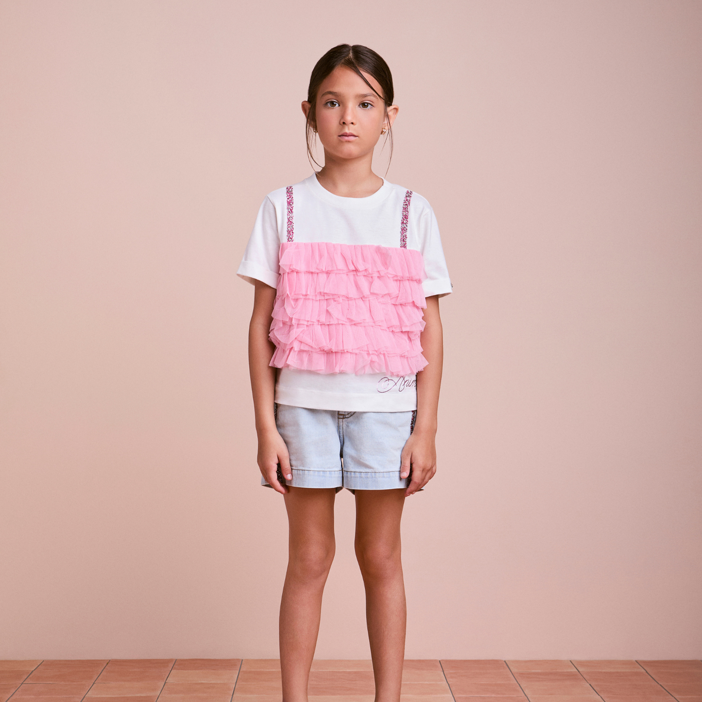 Conjunto Infantil Blusa Babados Tule Rosa e Shorts Jeans Strass Rosa - Animê