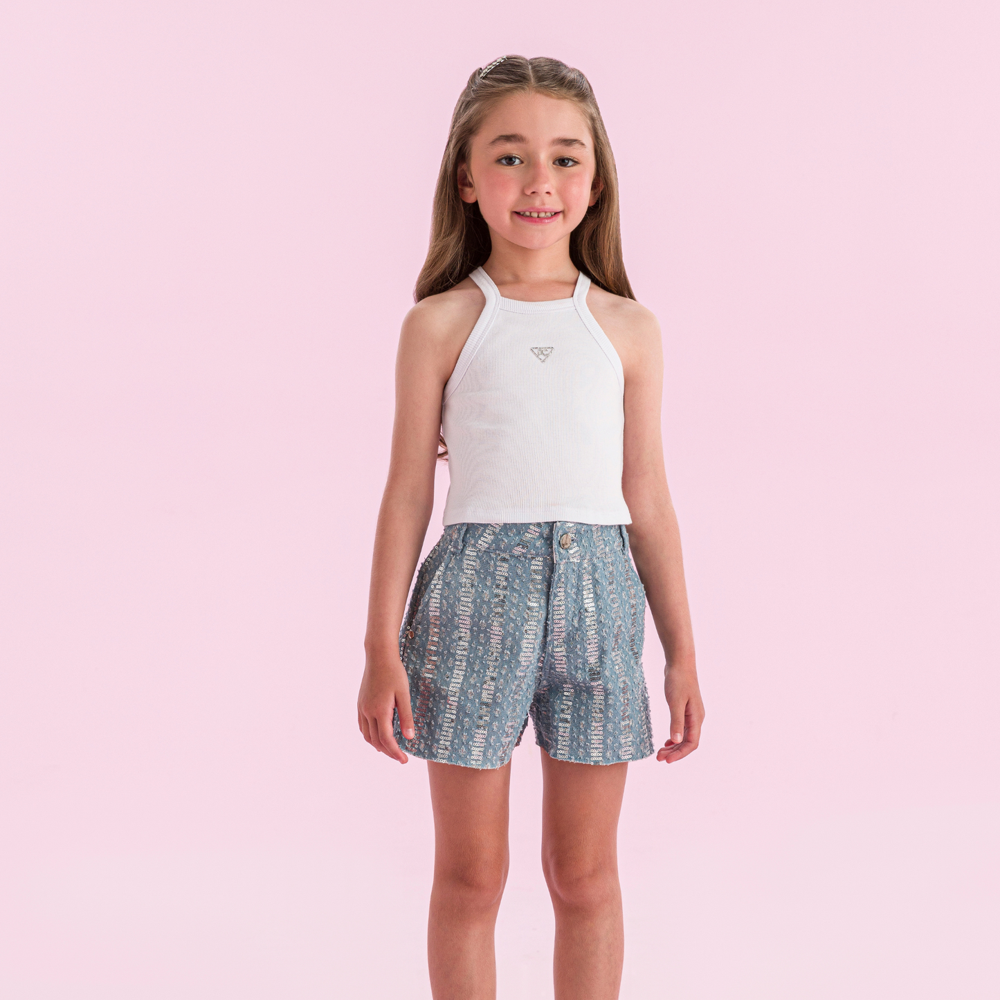 Conjunto Infantil Regata e Shorts Jeans com Paetês - Petit Cherie
