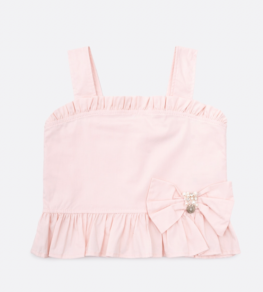 Blusa Infantil Algodão Cropped Babado Laço Bordado Rosa Fada - Pituchinhus