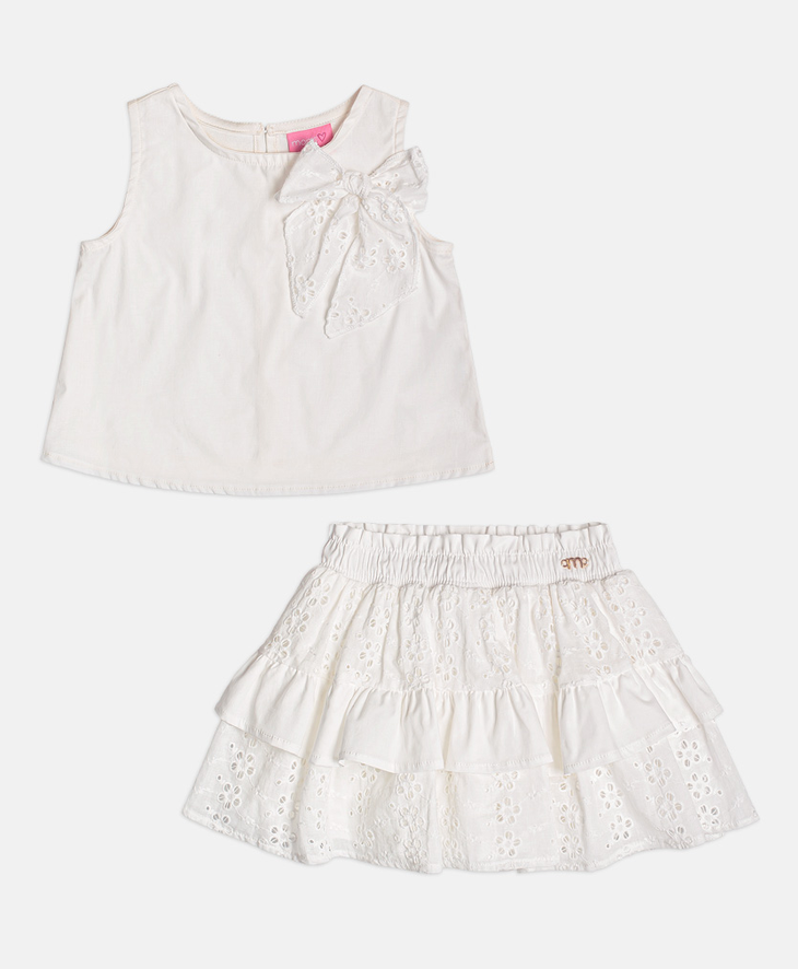 Conjunto Infantil Off White Regata com Laço Laise Saia de Babados com Laise - Momi