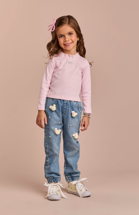 Conjunto Infantil Blusa Rosa ML e Calça Jogger Ursinhos Pompom Jeans - Gabriela Aquarela