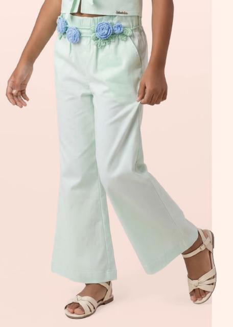 Calça Infantil Wide Leg Com Cinto de Flores - Luluzinha