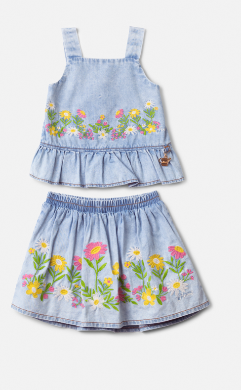 Conjunto Infantil Jeans Blusa Bordado Floral e Shorts Saia - Animê
