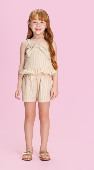 Conjunto Infantil Listrado Blusa Cropped Com Babados e Laço e Shorts Pop Lines - Petit Cherie