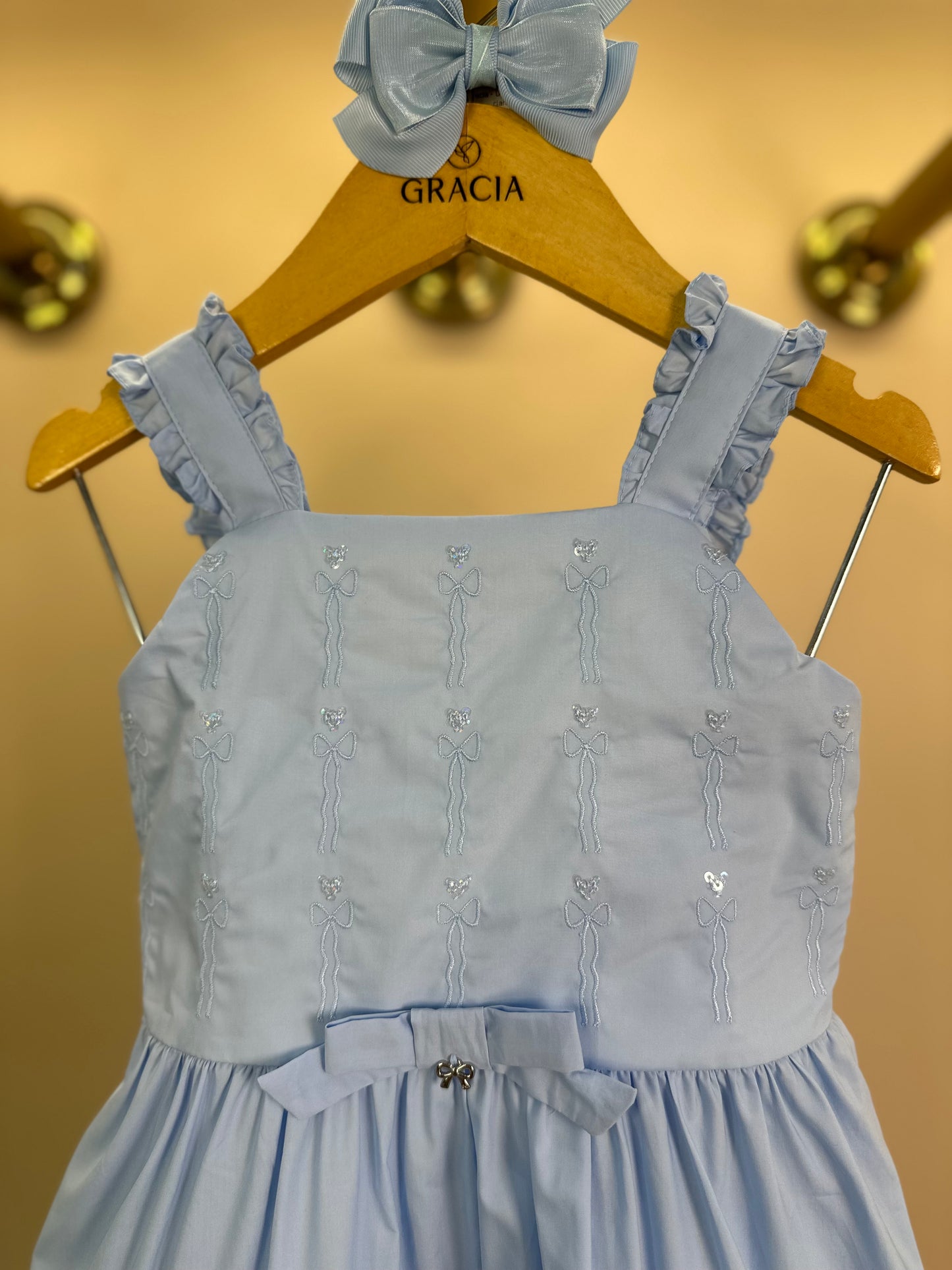 Vestido Infantil Algodão Babados e Bordados Azul Soft - Petit Cherie