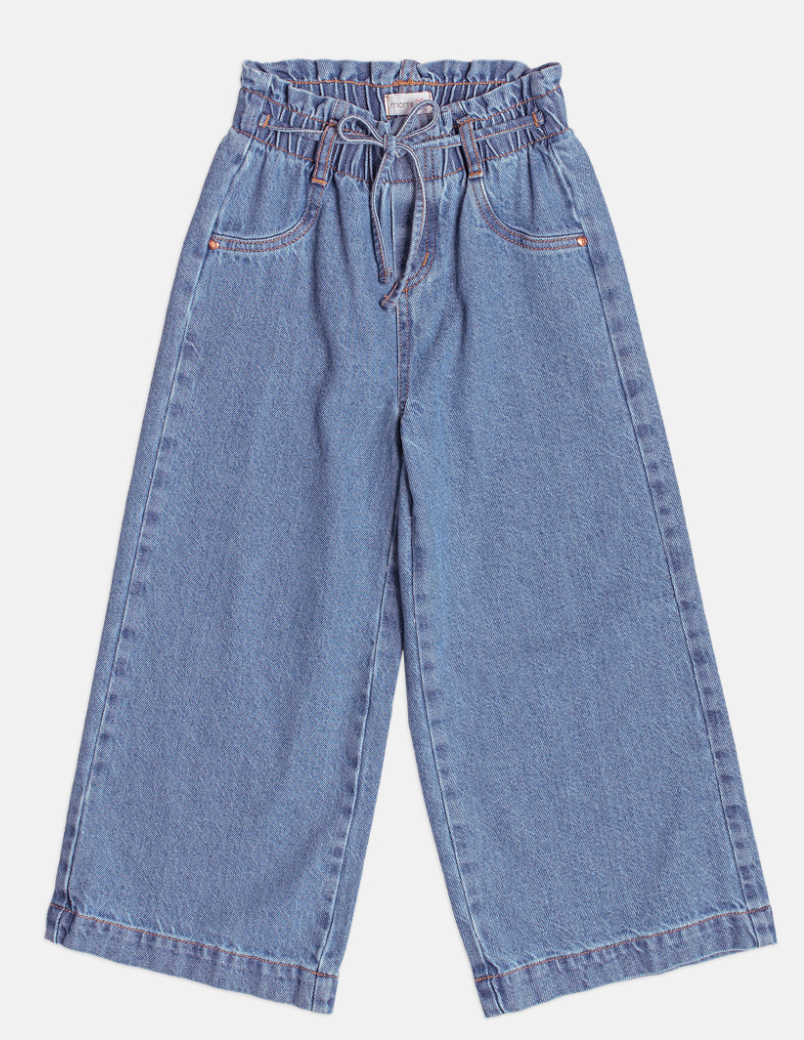 Conjunto Infantil Blusa Lenço Estampado Amarrado Na Gola e Calça Jeans Wide Leg Cós Alto Com Elástico - Momi