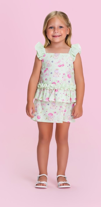Conjunto Infantil Verde Estampado Blusa Babadinhos e Shorts Saia - Petit Cherie