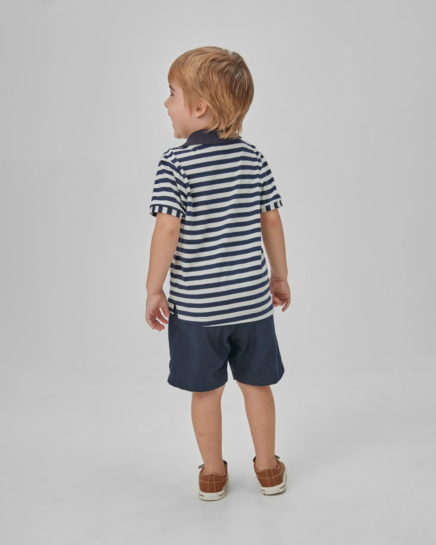 Conjunto Infantil Polo Listras e Bermuda Sarja Marinho - Um Mais Um