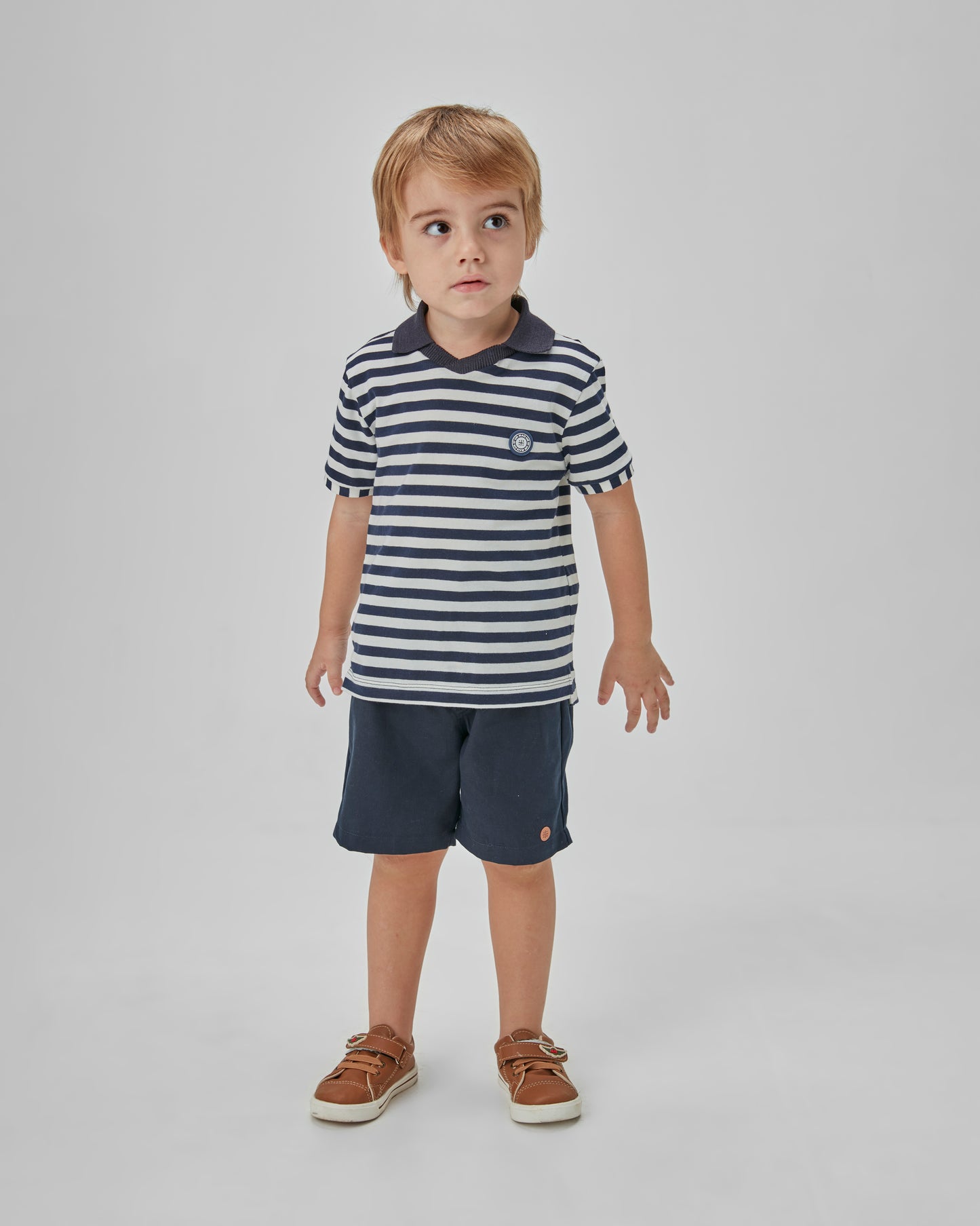 Conjunto Infantil Polo Listras e Bermuda Sarja Marinho - Um Mais Um