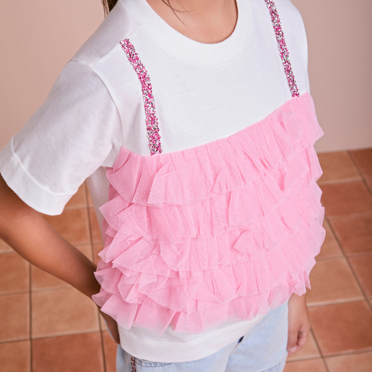 Conjunto Infantil Blusa Babados Tule Rosa e Shorts Jeans Strass Rosa - Animê