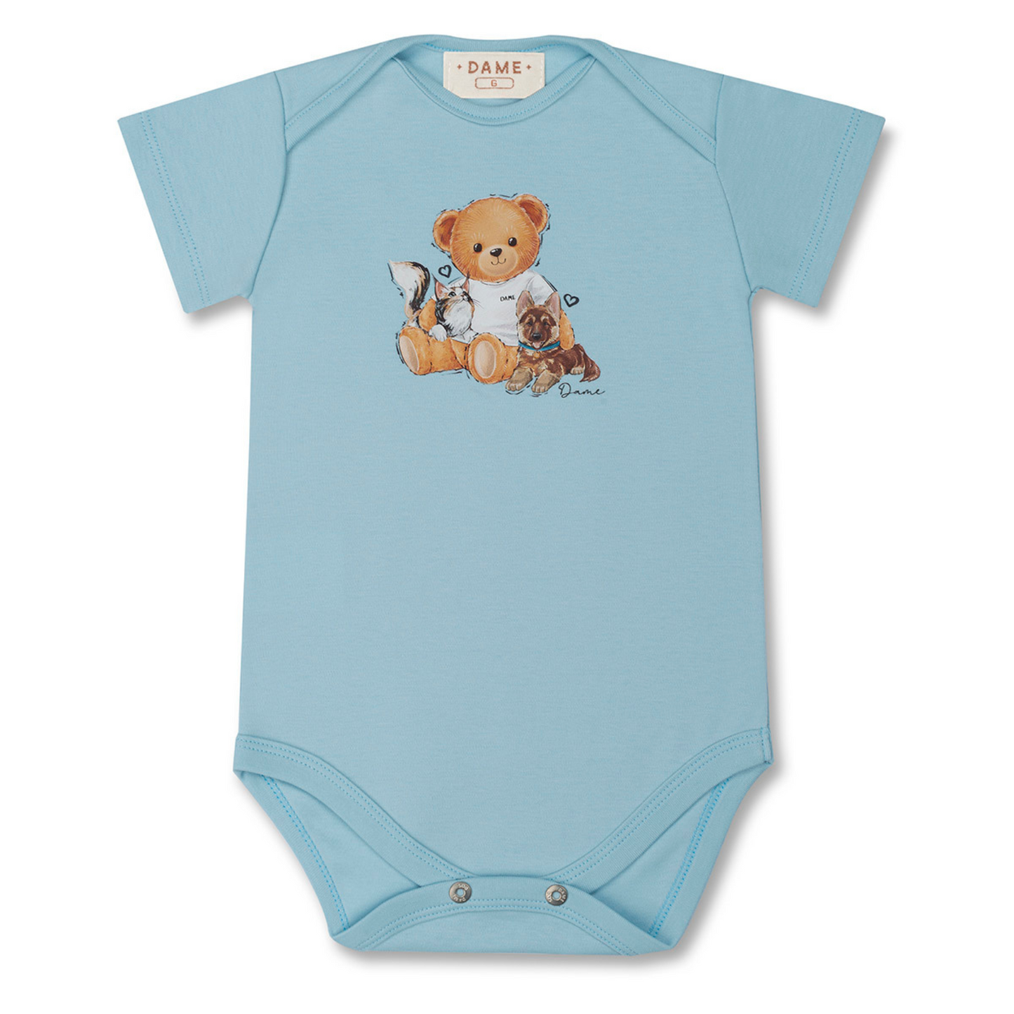 Body Bebê Suedine Algodão Teddy Cachorrinhos Azul - Dame PRÉ-VENDA