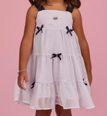 Vestido Infantil Branco laços Azul Marinho - Gabriela Aquarela