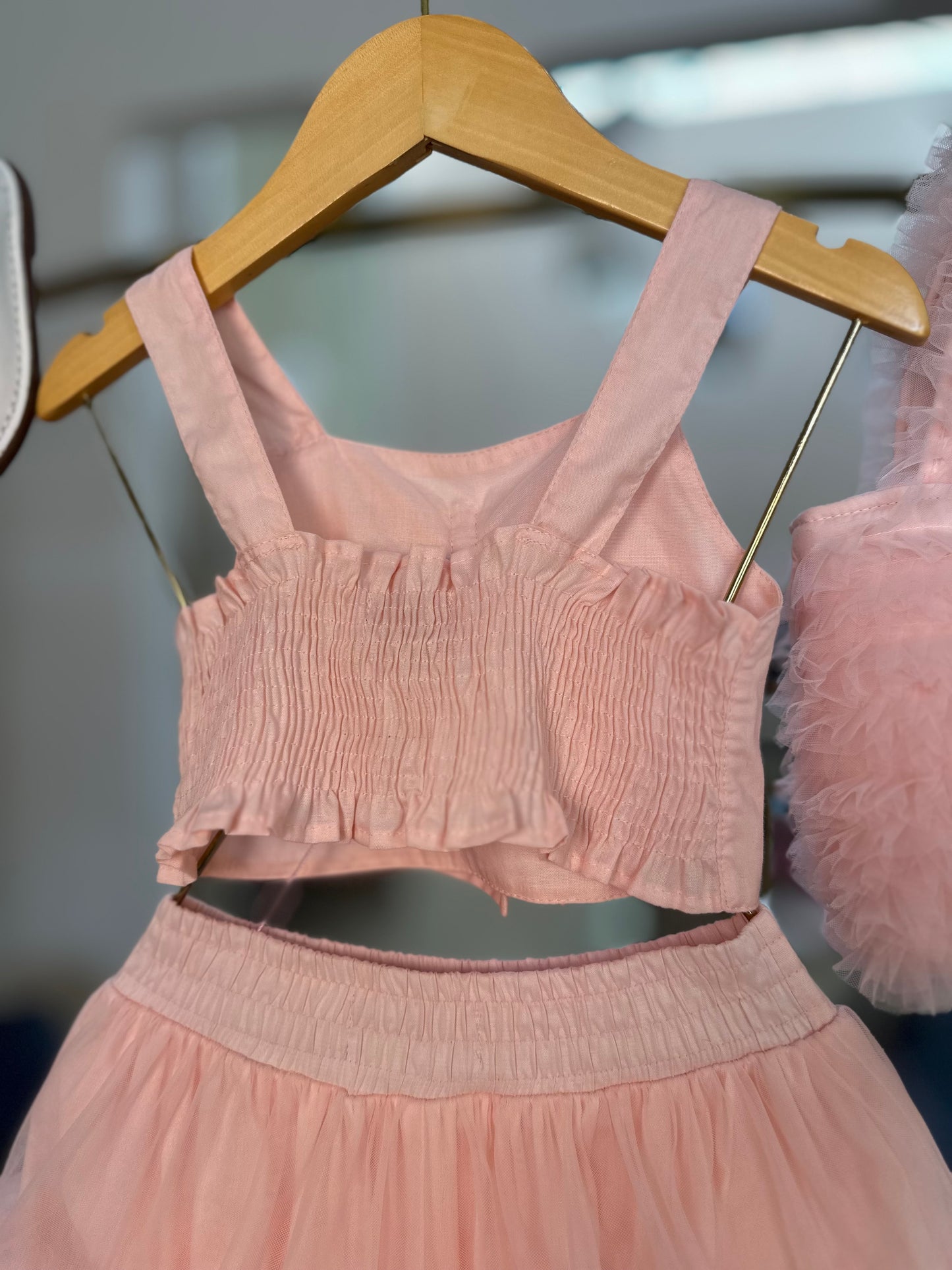 Conjunto Infantil Blusa Cropped Maxi Laço Bordado e Saia-shorts Babado Frufru Tule Rosa Baby - Pituchinhus
