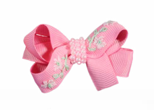 Laço Infantil Rosa Pérolas e Bordado Flores - Roana