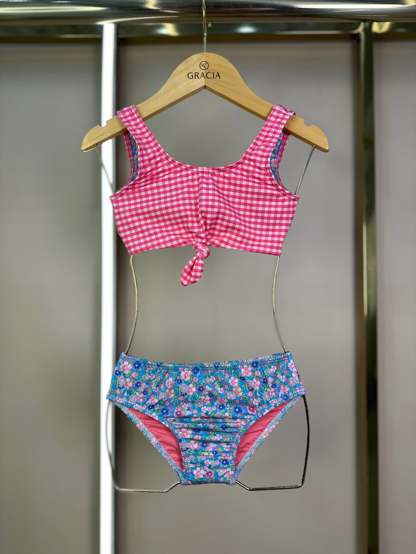 Biquíni Infantil Nó Floral com Xadrez - L'été