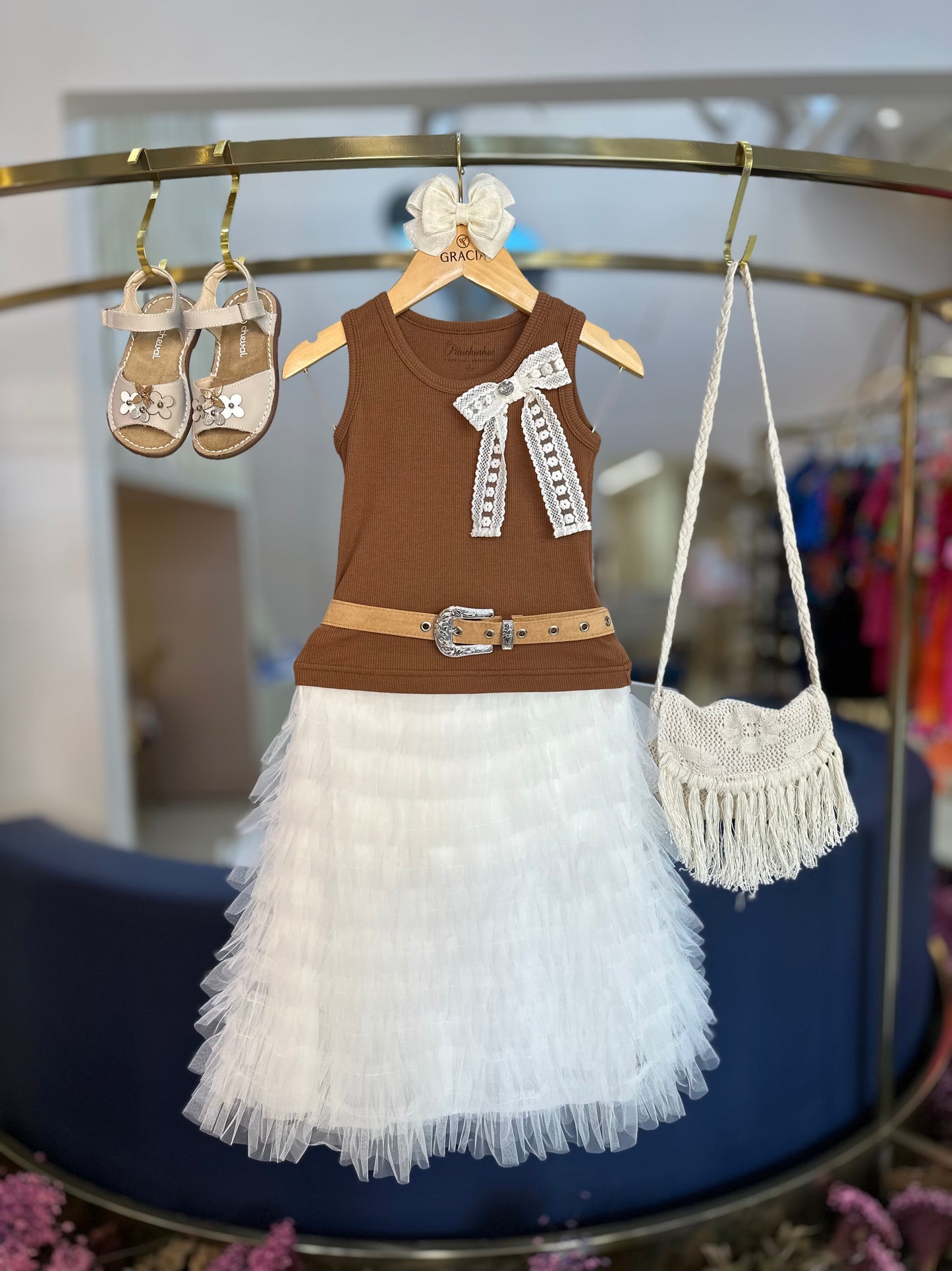 Conjunto Infantil Conceito Blusa Laço Renda e Saia Midi Tule Babados - Pituchinhus