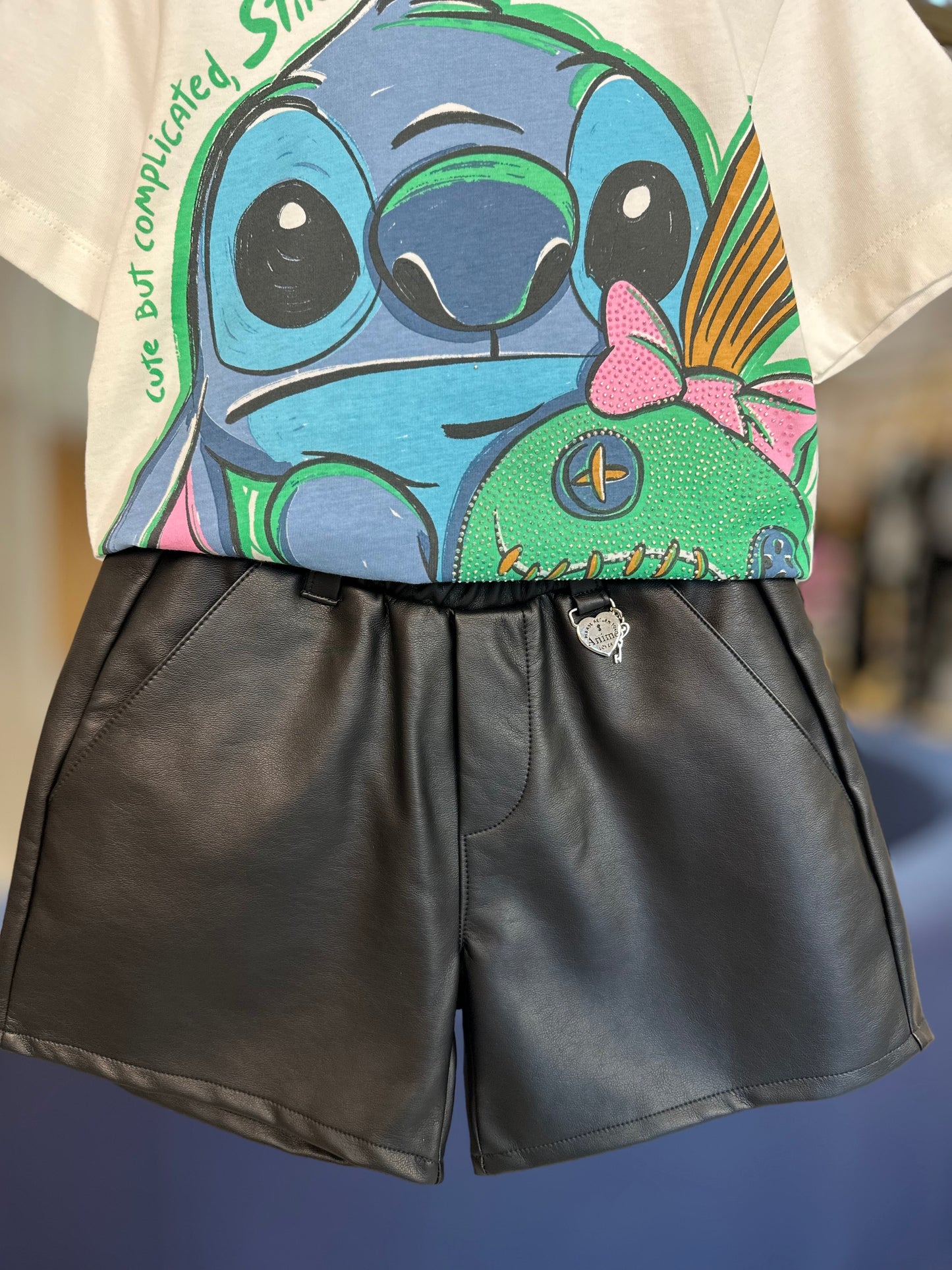 Conjunto Infantil Stitch e Xepa Blusa e Shorts Couro Tech - Animê