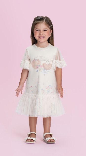 Vestido Infantil Manga Tule Floral e Strass - Petit Cherie