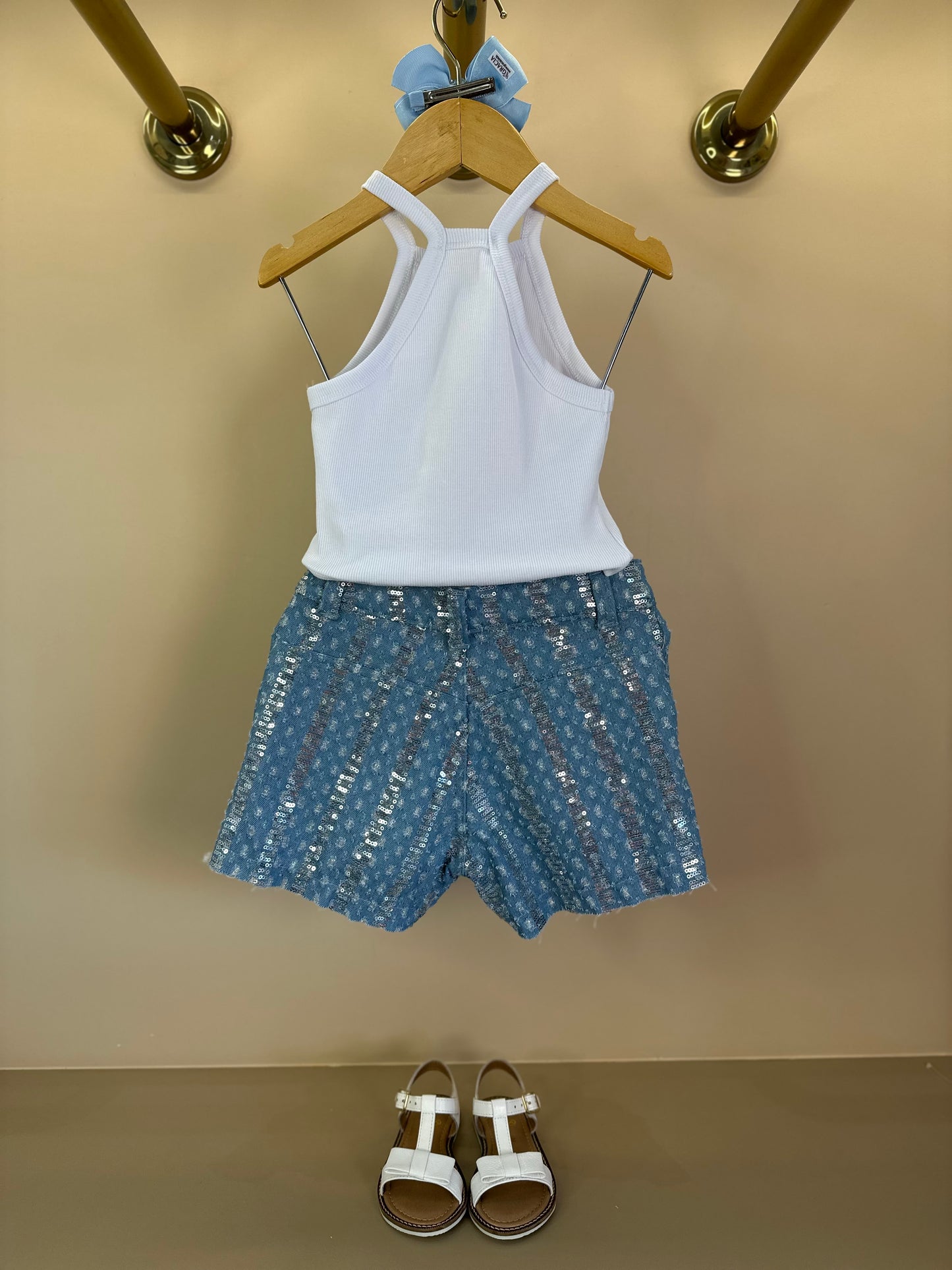 Conjunto Infantil Regata e Shorts Jeans com Paetês - Petit Cherie