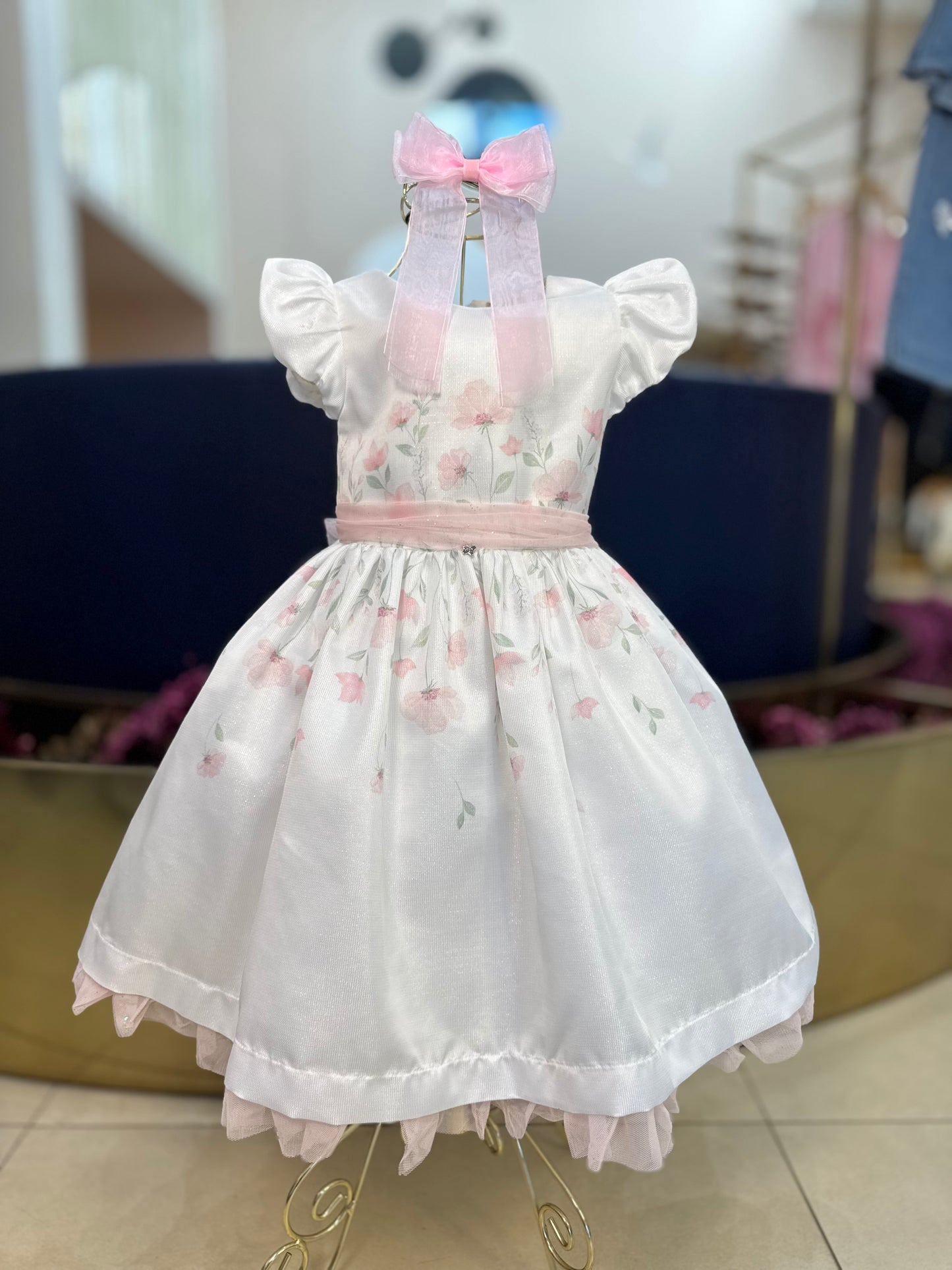 Vestido Infantil Festa Tule Rosa Flores - Petit Cherie