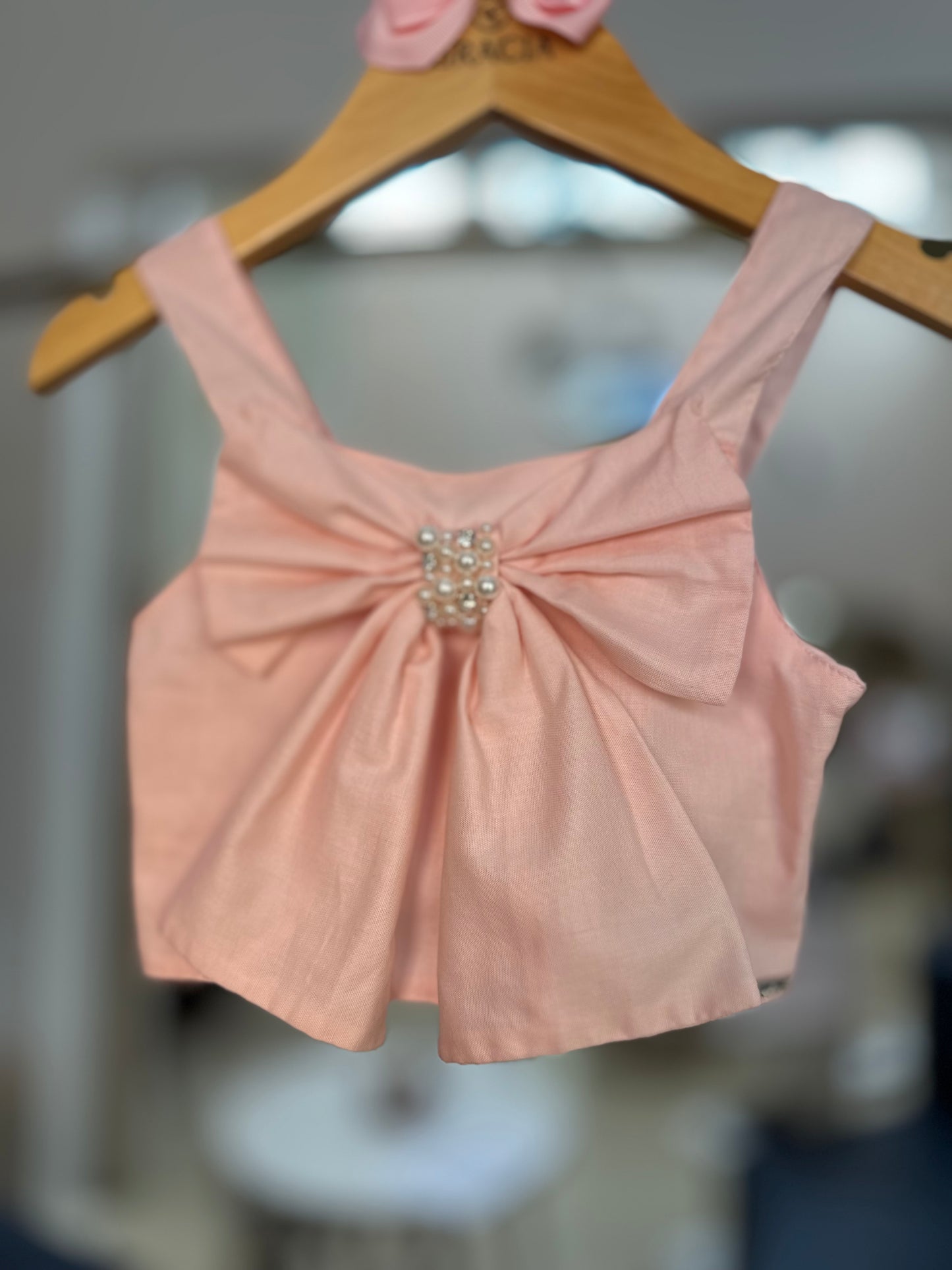 Conjunto Infantil Blusa Cropped Maxi Laço Bordado e Saia-shorts Babado Frufru Tule Rosa Baby - Pituchinhus