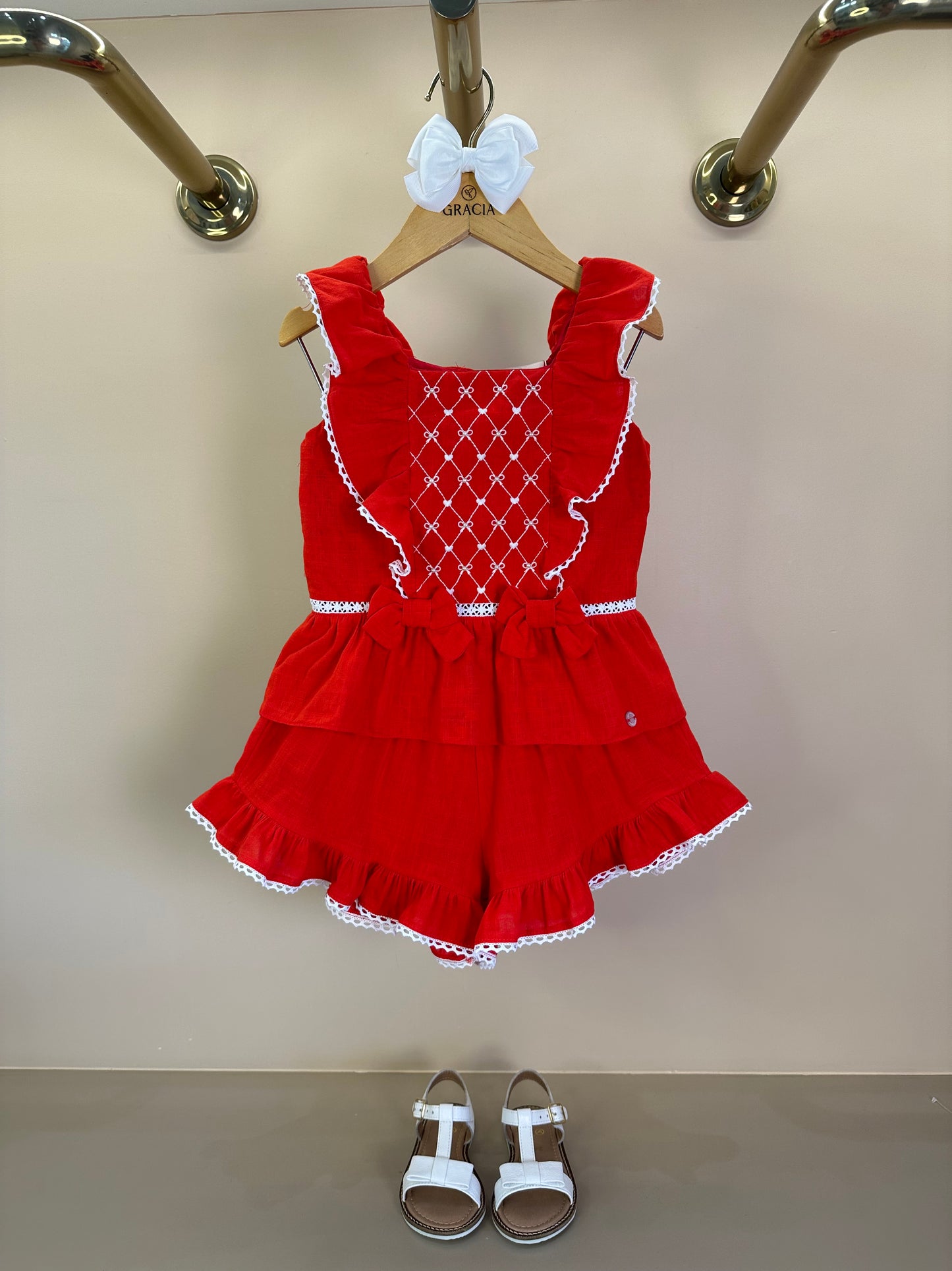 Conjunto Infantil Algodão Bordado Blusa Peplum e Shorts Vermelho - Petit Cherie