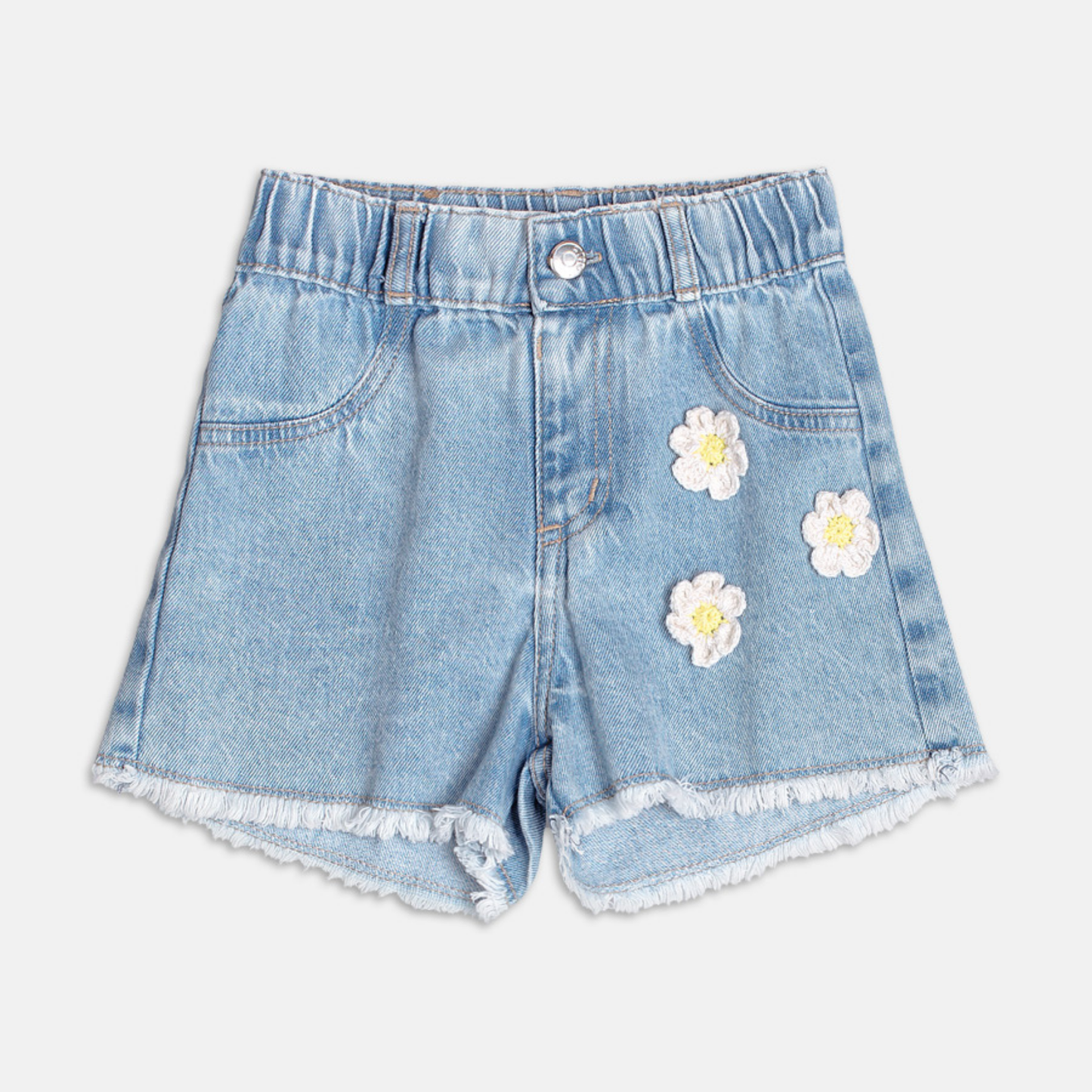 Conjunto Infantil Blusa Daisy Vestido Babadinho e Shorts Jeans Apliques Florzinhas - Momi PRÉ-VENDA