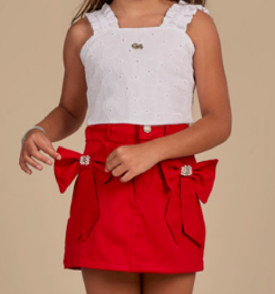 Conjunto Infantil Blusa Laise Branca Short Saia Vermelho - Gabriela Aquarela