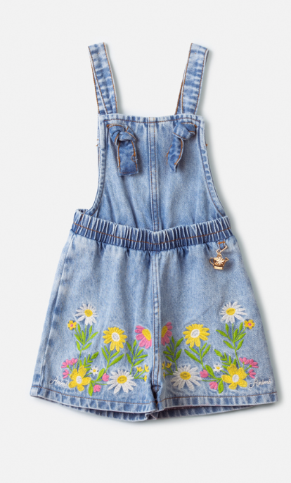 Jardineira Infantil Jeans Bordado Floral - Animê