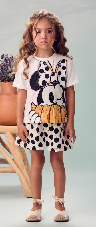 Conjunto Infantil Blusa Off White Minnie Croissants e Shorts Infantil Sarja Em Poá - Animê