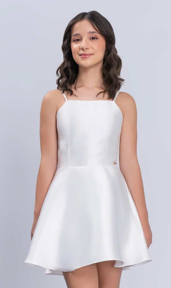 Vestido Teen Branco Acetinado Com Alças Finas - Vanilla Cream - Pré venda