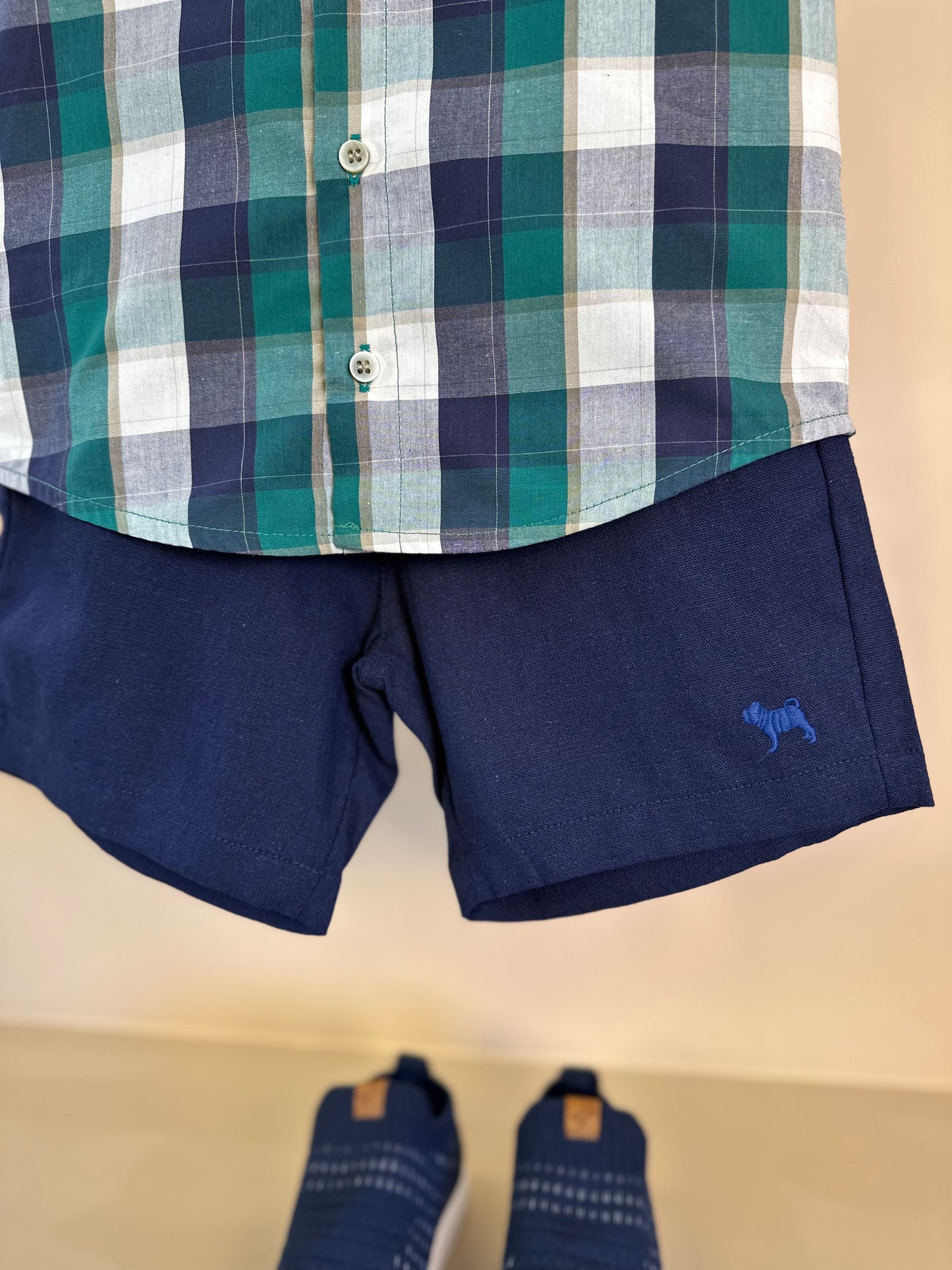 Conjunto Infantil Camisa MC Xadrez Verde e Bermuda Linho Marinho - Charpey
