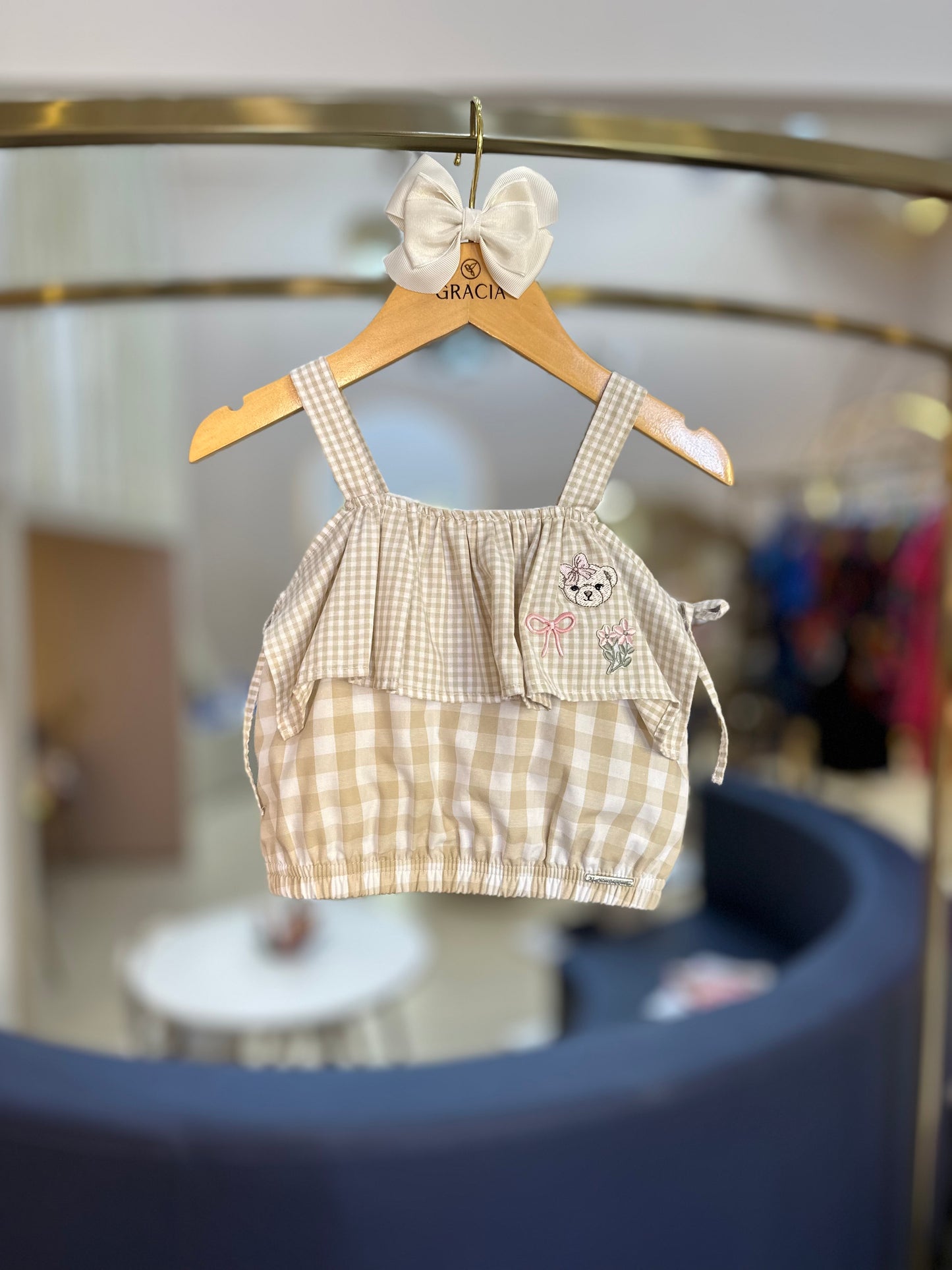 Conjunto Infantil Blusa Ciganinha e Saia-shorts Midi Xadrez Patches - Pituchinhus